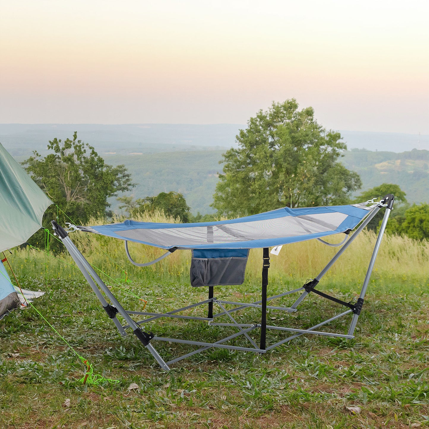 Outsunny Hamaca de Jardín con Soporte Plegable con Cama de Tela Oxford y Malla Transpirable Bolsillo de Almacenaje y Portátil con Bolsa 235,5x82x90,5 cm Azul y Plata