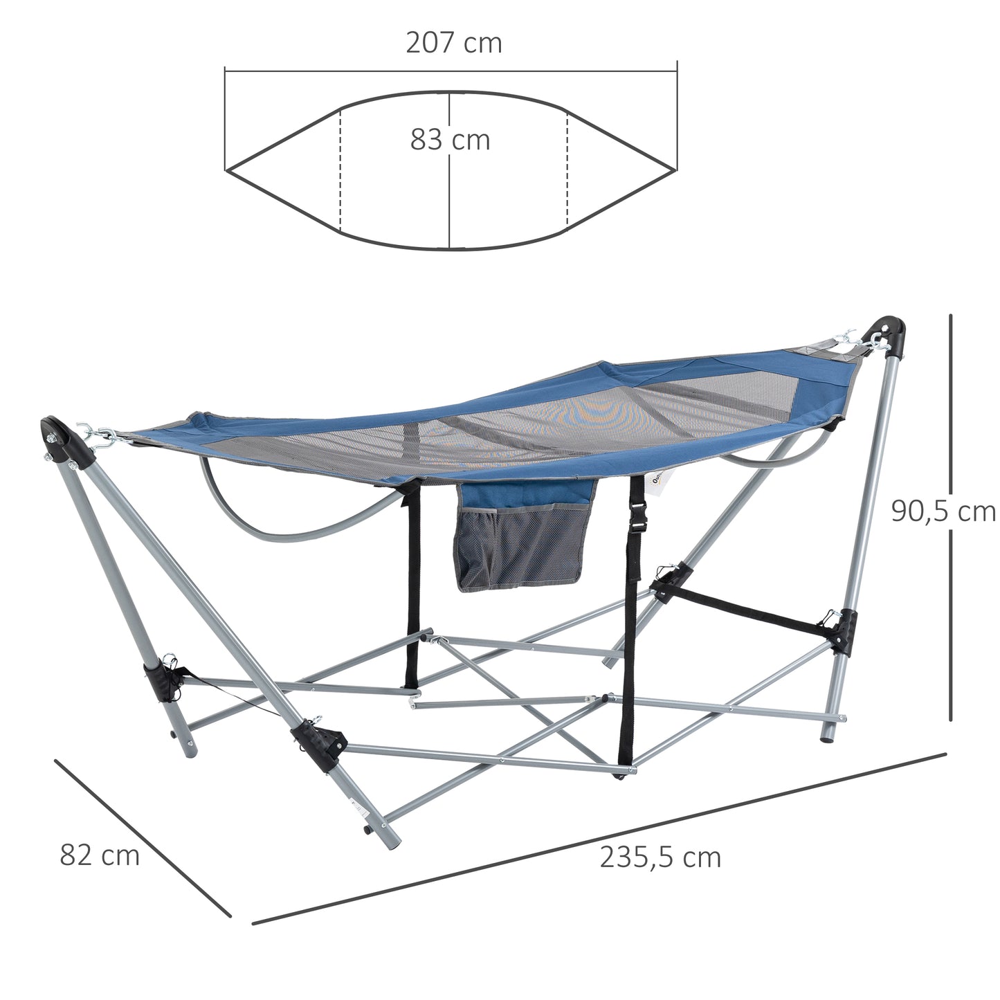 Outsunny Hamaca de Jardín con Soporte Plegable con Cama de Tela Oxford y Malla Transpirable Bolsillo de Almacenaje y Portátil con Bolsa 235,5x82x90,5 cm Azul y Plata