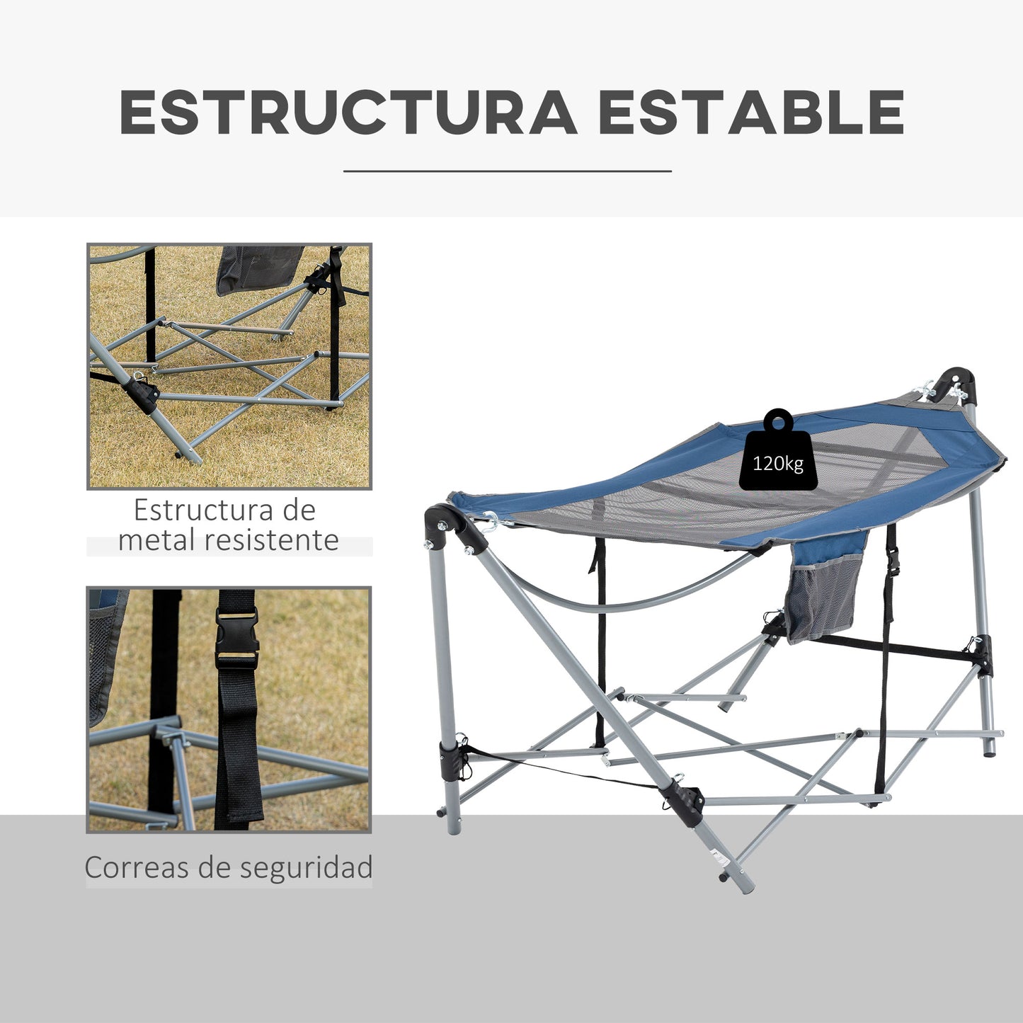 Outsunny Hamaca de Jardín con Soporte Plegable con Cama de Tela Oxford y Malla Transpirable Bolsillo de Almacenaje y Portátil con Bolsa 235,5x82x90,5 cm Azul y Plata