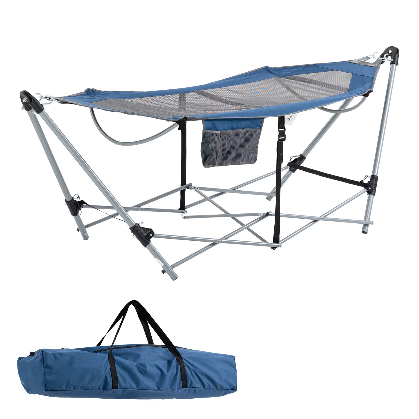 Outsunny Hamaca de Jardín con Soporte Plegable con Cama de Tela Oxford y Malla Transpirable Bolsillo de Almacenaje y Portátil con Bolsa 235,5x82x90,5 cm Azul y Plata