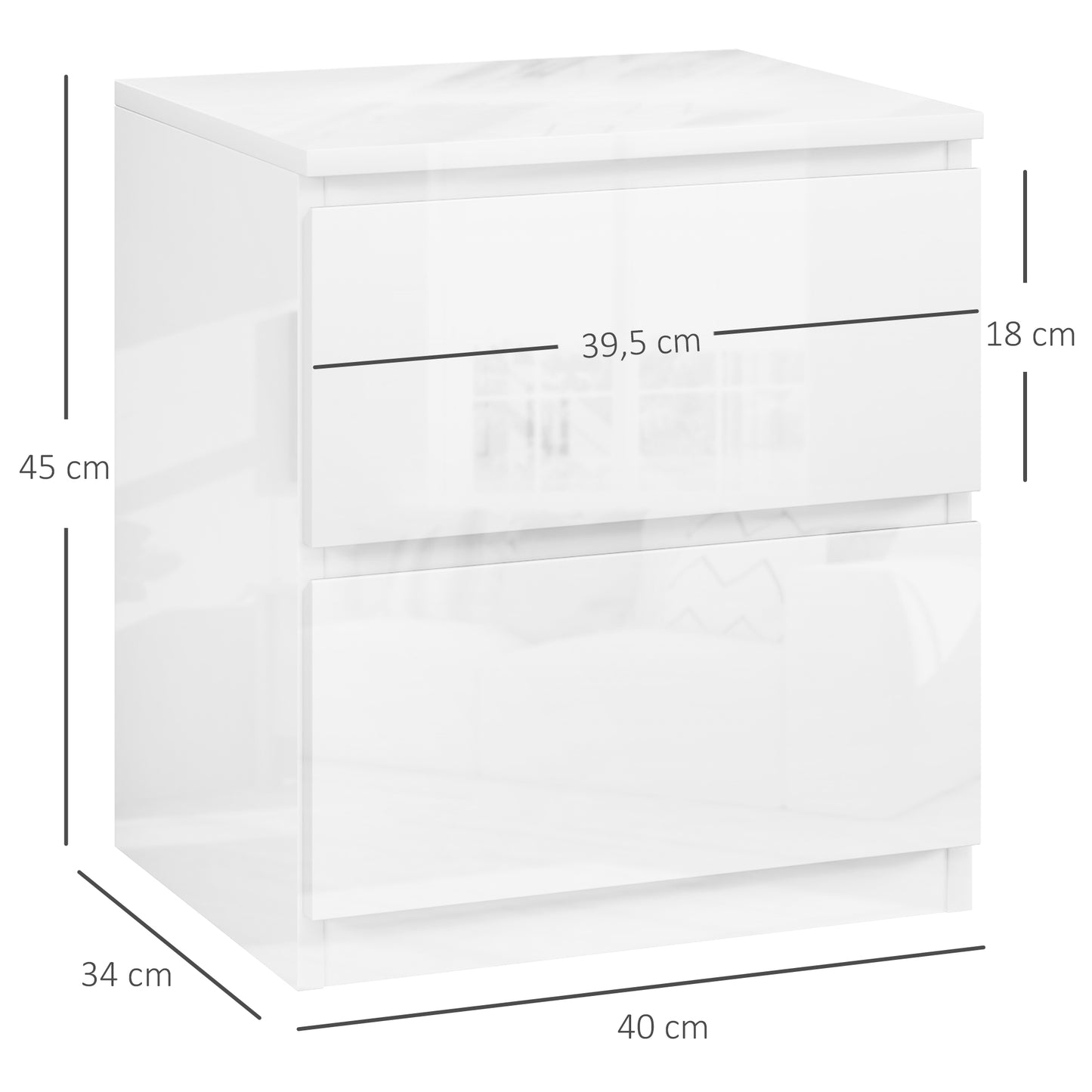 HOMCOM Mesita de Noche Moderna Mesilla de Noche con 2 Cajones Mesa de Noche para Dormitorio Salón 40x34x45 cm Blanco Brillo