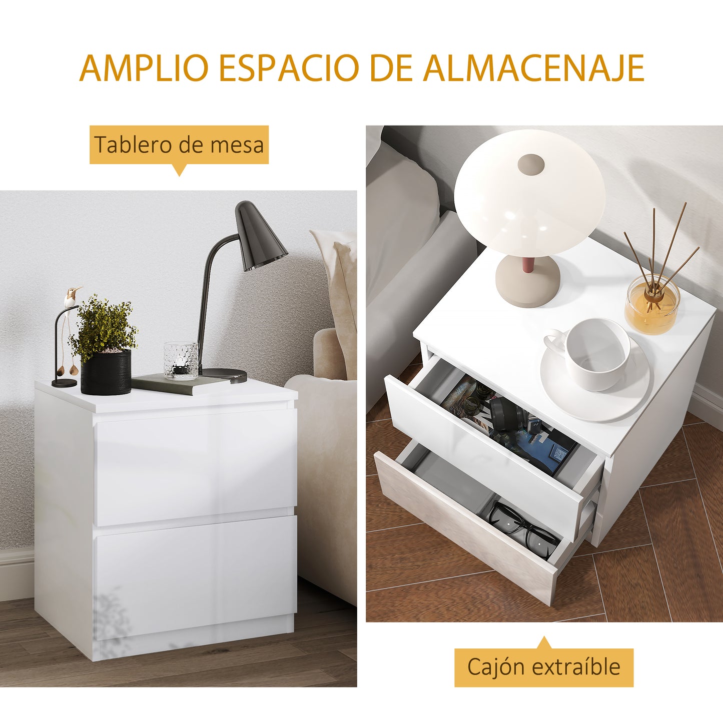 HOMCOM Mesita de Noche Moderna Mesilla de Noche con 2 Cajones Mesa de Noche para Dormitorio Salón 40x34x45 cm Blanco Brillo