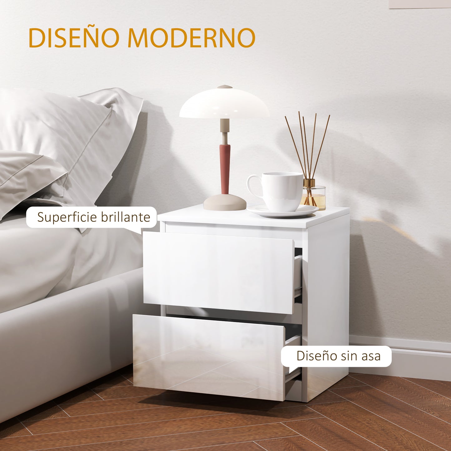 HOMCOM Mesita de Noche Moderna Mesilla de Noche con 2 Cajones Mesa de Noche para Dormitorio Salón 40x34x45 cm Blanco Brillo