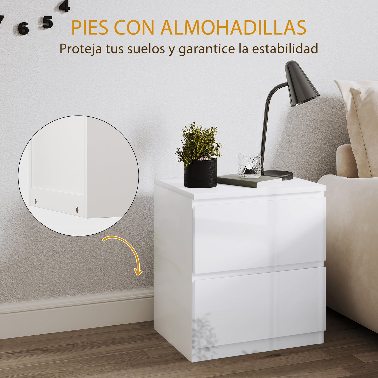 HOMCOM Mesita de Noche Moderna Mesilla de Noche con 2 Cajones Mesa de Noche para Dormitorio Salón 40x34x45 cm Blanco Brillo