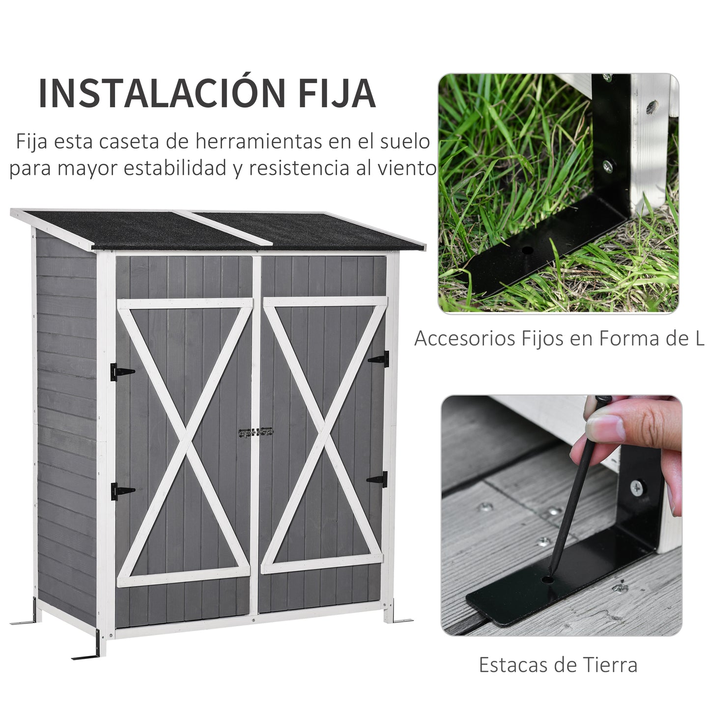 Outsunny Caseta de Jardín de Madera 139x75x160 cm Cobertizo para Almacenaje de Herramientas con Estantería Movible Puertas con Cerrojo Techo Asfáltico Gris