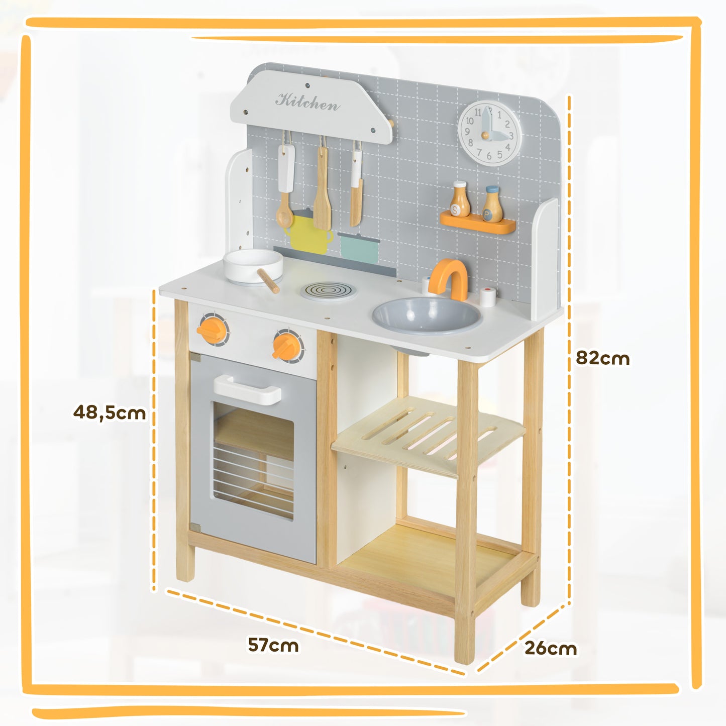 AIYAPLAY Cocina de Juguete para Niños +3 Años Cocinita Infantil Cocinita de Madera Infantil con Sonido Fogón Horno Grifo Fregadero y Accesorios de Cocina Gris