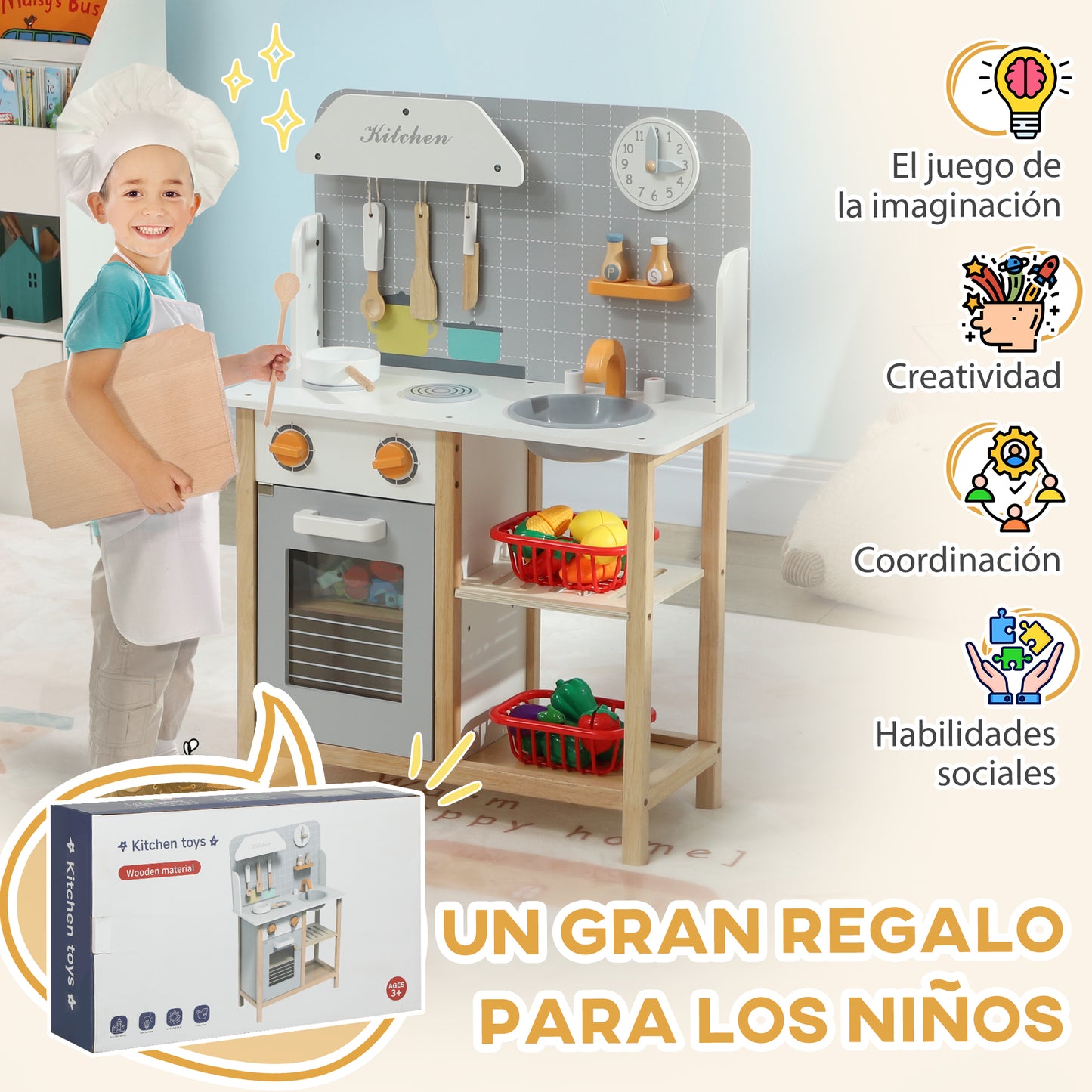 AIYAPLAY Cocina de Juguete para Niños +3 Años Cocinita Infantil Cocinita de Madera Infantil con Sonido Fogón Horno Grifo Fregadero y Accesorios de Cocina Gris