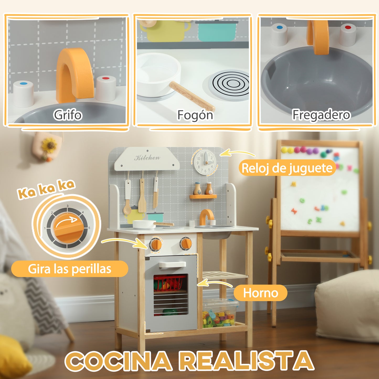 AIYAPLAY Cocina de Juguete para Niños +3 Años Cocinita Infantil Cocinita de Madera Infantil con Sonido Fogón Horno Grifo Fregadero y Accesorios de Cocina Gris