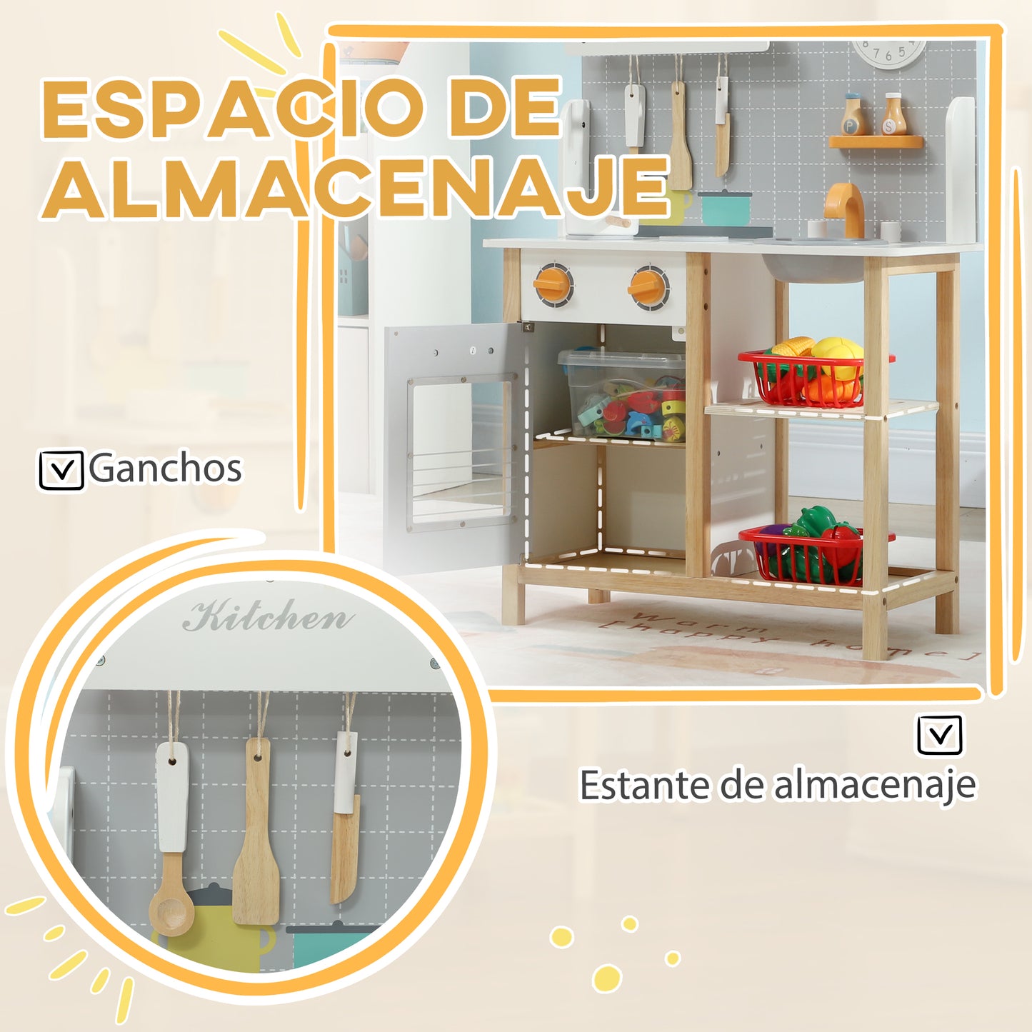 AIYAPLAY Cocina de Juguete para Niños +3 Años Cocinita Infantil Cocinita de Madera Infantil con Sonido Fogón Horno Grifo Fregadero y Accesorios de Cocina Gris