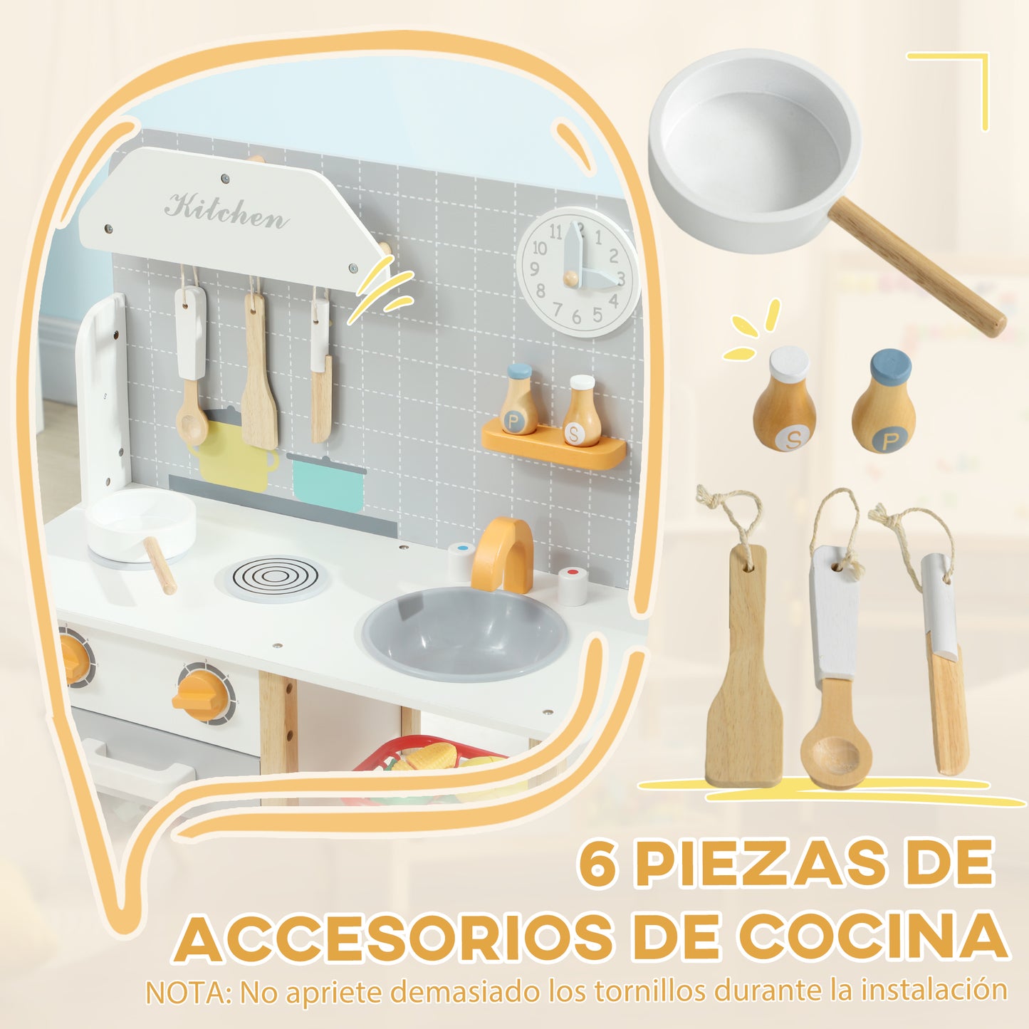 AIYAPLAY Cocina de Juguete para Niños +3 Años Cocinita Infantil Cocinita de Madera Infantil con Sonido Fogón Horno Grifo Fregadero y Accesorios de Cocina Gris