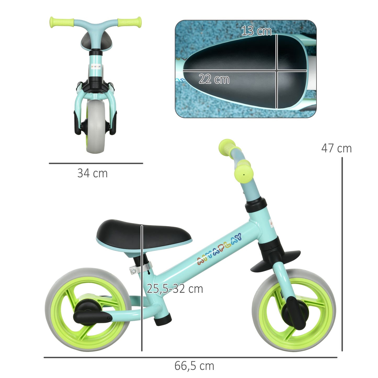 AIYAPLAY Bicicleta sin Pedales para Niños de 18-48 Meses Bicicleta de Equilibrio con Asiento Ajustable en Altura Carga 25 kg 66,5x34x47 cm Verde y Turquesa