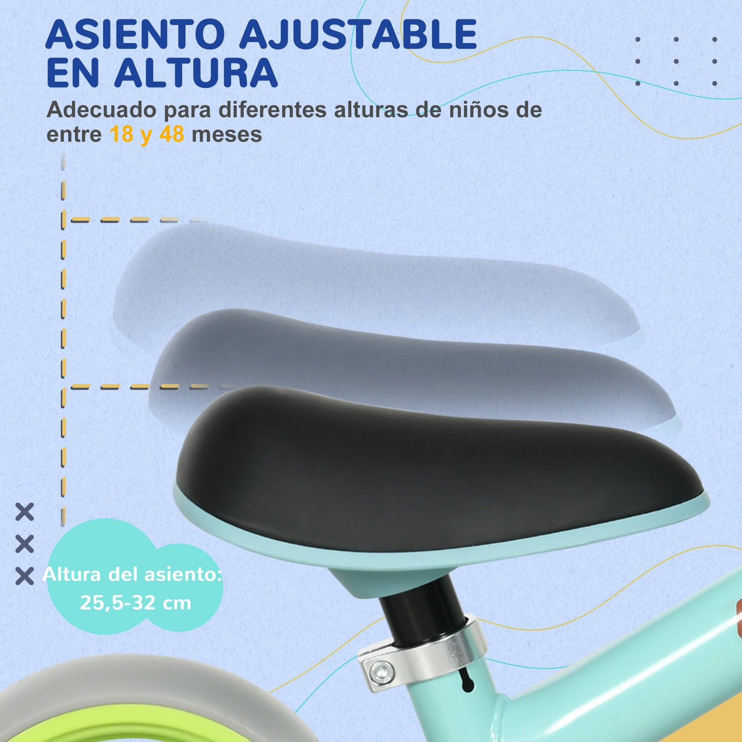 AIYAPLAY Bicicleta sin Pedales para Niños de 18-48 Meses Bicicleta de Equilibrio con Asiento Ajustable en Altura Carga 25 kg 66,5x34x47 cm Verde y Turquesa