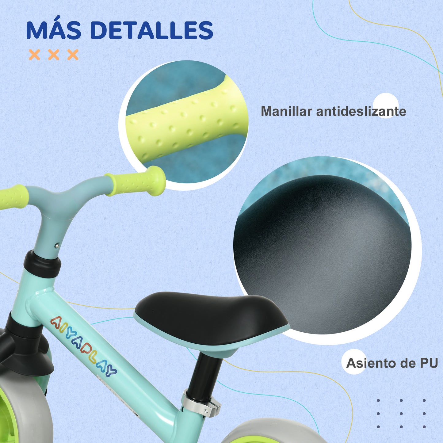 AIYAPLAY Bicicleta sin Pedales para Niños de 18-48 Meses Bicicleta de Equilibrio con Asiento Ajustable en Altura Carga 25 kg 66,5x34x47 cm Verde y Turquesa