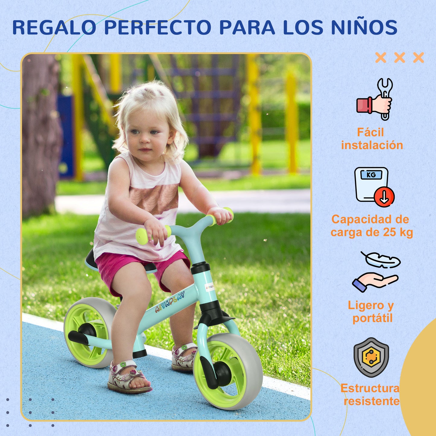 AIYAPLAY Bicicleta sin Pedales para Niños de 18-48 Meses Bicicleta de Equilibrio con Asiento Ajustable en Altura Carga 25 kg 66,5x34x47 cm Verde y Turquesa