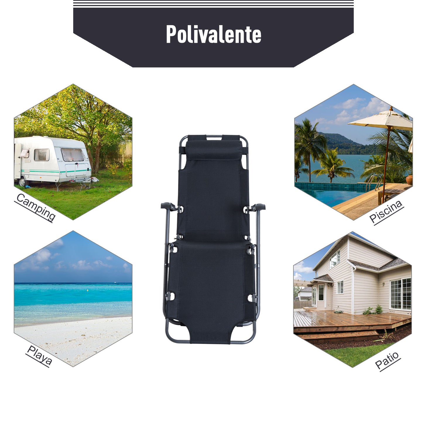 Outsunny Tumbona Reclinable y Plegable Silla de Playa Tumbona Relax Plegable con Respaldo Ajustable Reposabrazos Almohada y Reposapiés para Jardín Balcón Carga 136 kg 135x60x89 cm Negro