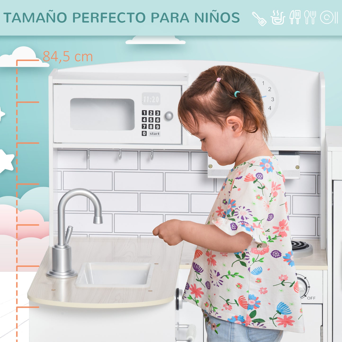 HOMCOM Cocina de Juguete de Madera para Niños de +3 Años con 14 Accesorios Separable Cocinita Infantil con Sonido Nevera Microondas Fregadero Campana 86x64x84,5 cm Blanco