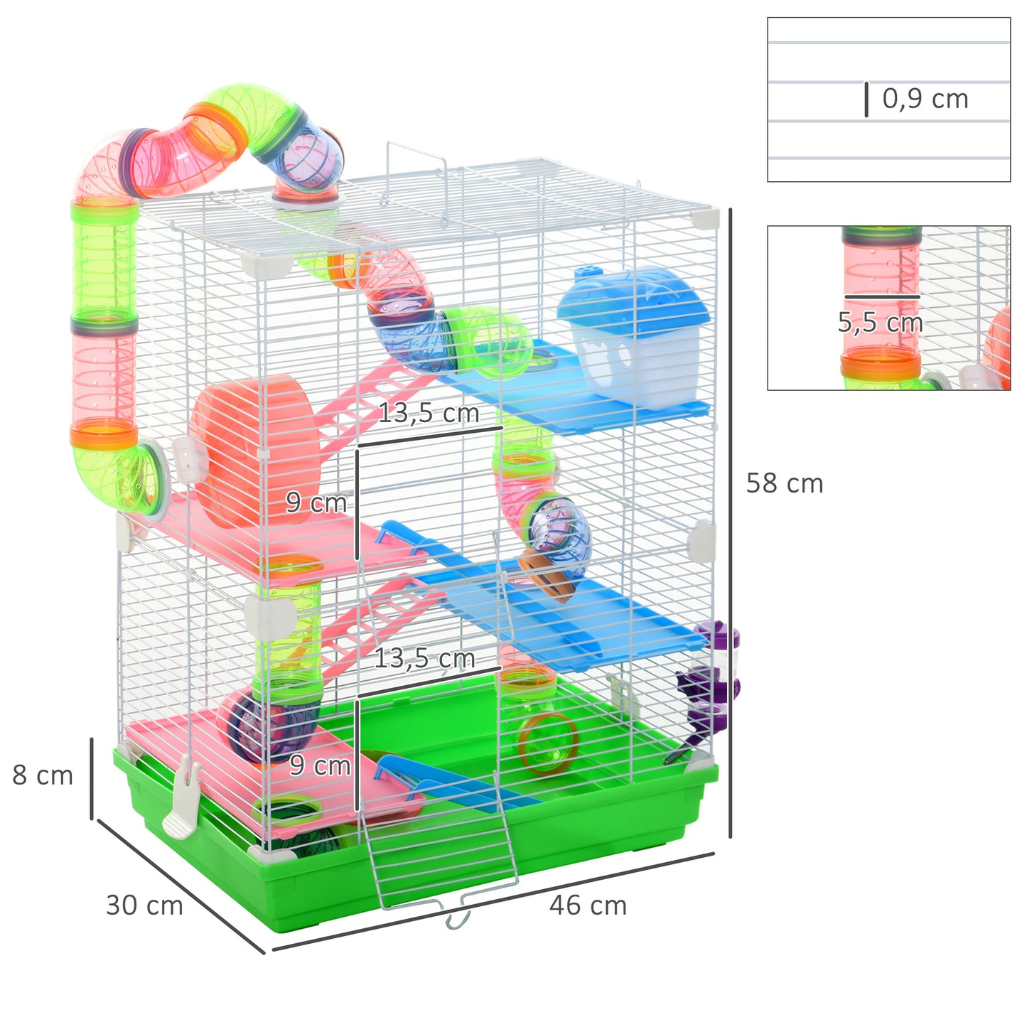 PawHut Jaula para Hámster Casa para Animales Pequeños con Túnel Plataformas Cuenco Bebedero Casita Rampas y Rueda de Ejercicio 46x30x58cm Verde y Blanco