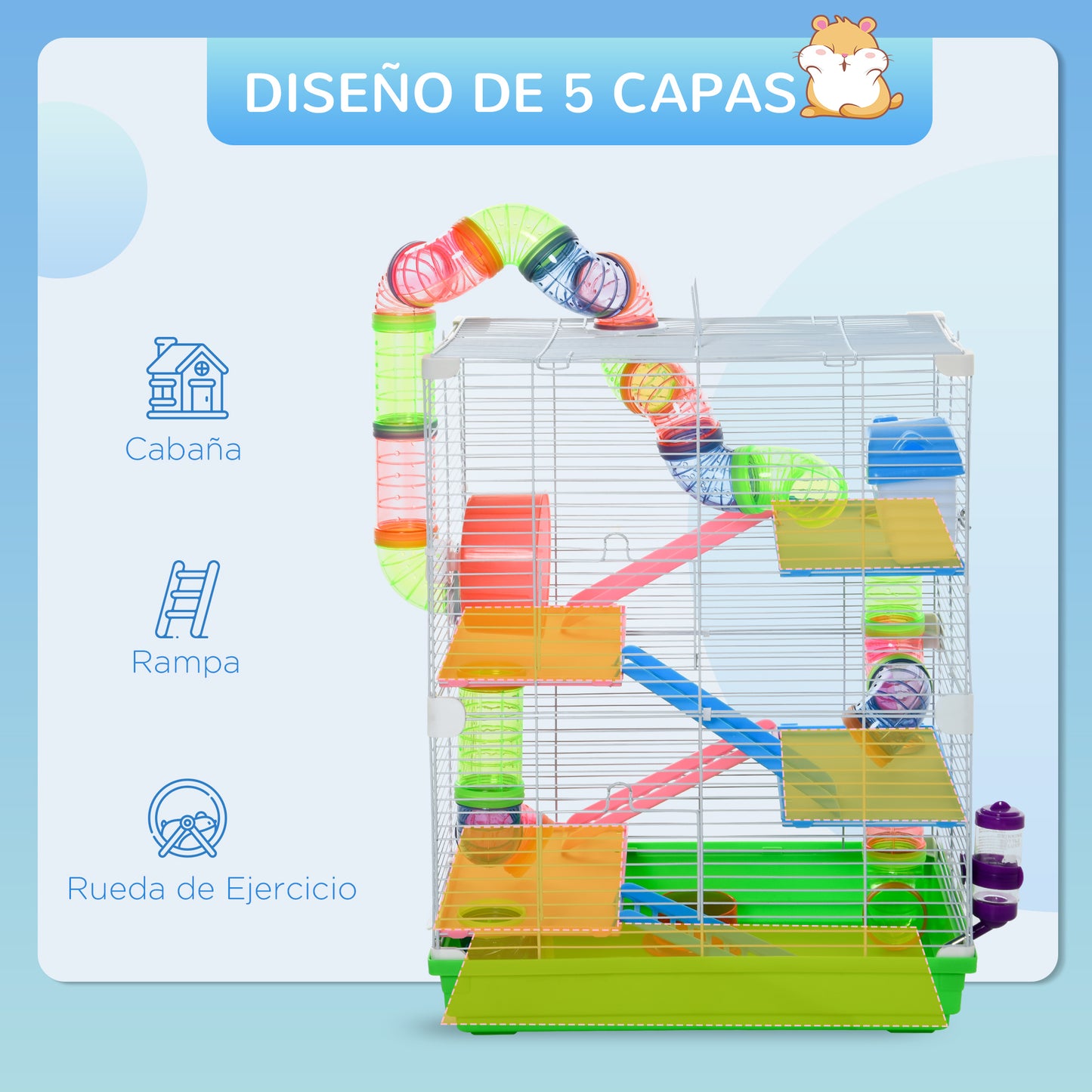 PawHut Jaula para Hámster Casa para Animales Pequeños con Túnel Plataformas Cuenco Bebedero Casita Rampas y Rueda de Ejercicio 46x30x58cm Verde y Blanco