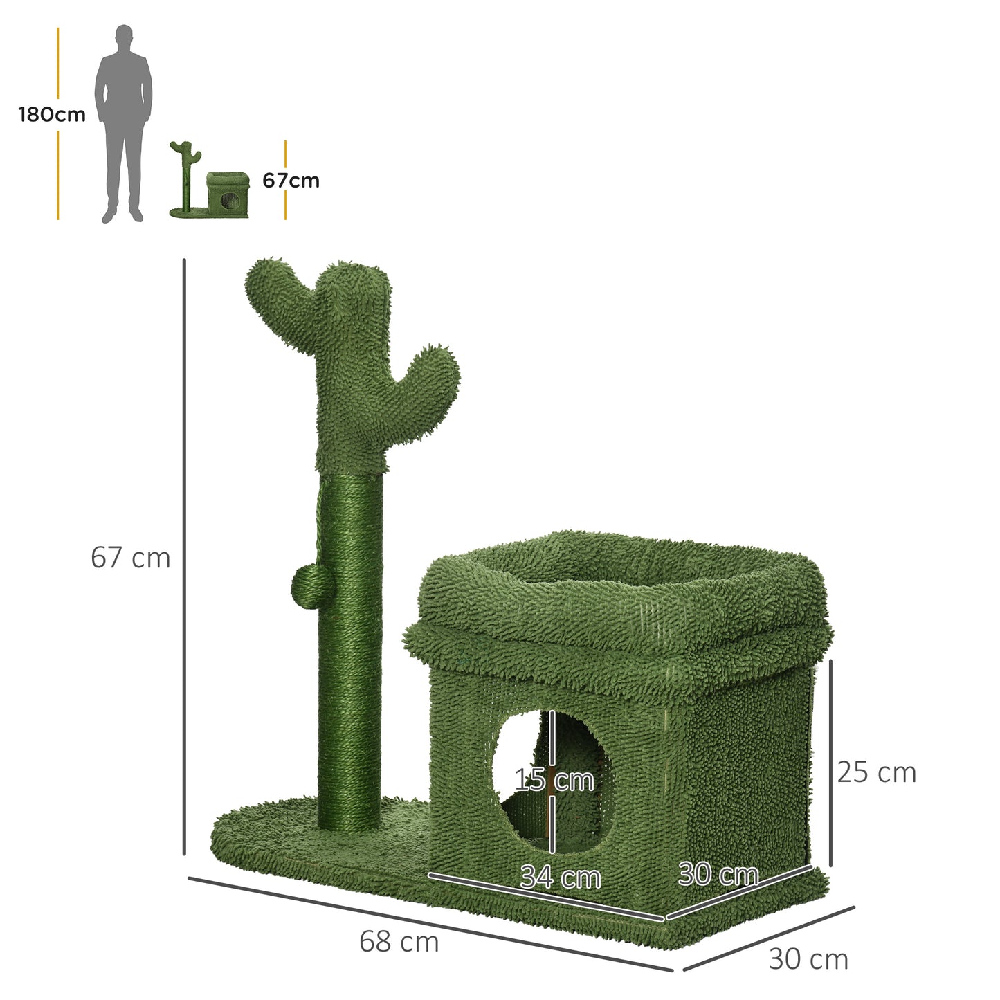 PawHut Árbol Rascador para Gatos Diseño de Cactus Altura 67 cm Torre para Gatos con Cama Caseta de Felpa Poste de Sisal y Bola Colgante 68x30x67 cm Verde