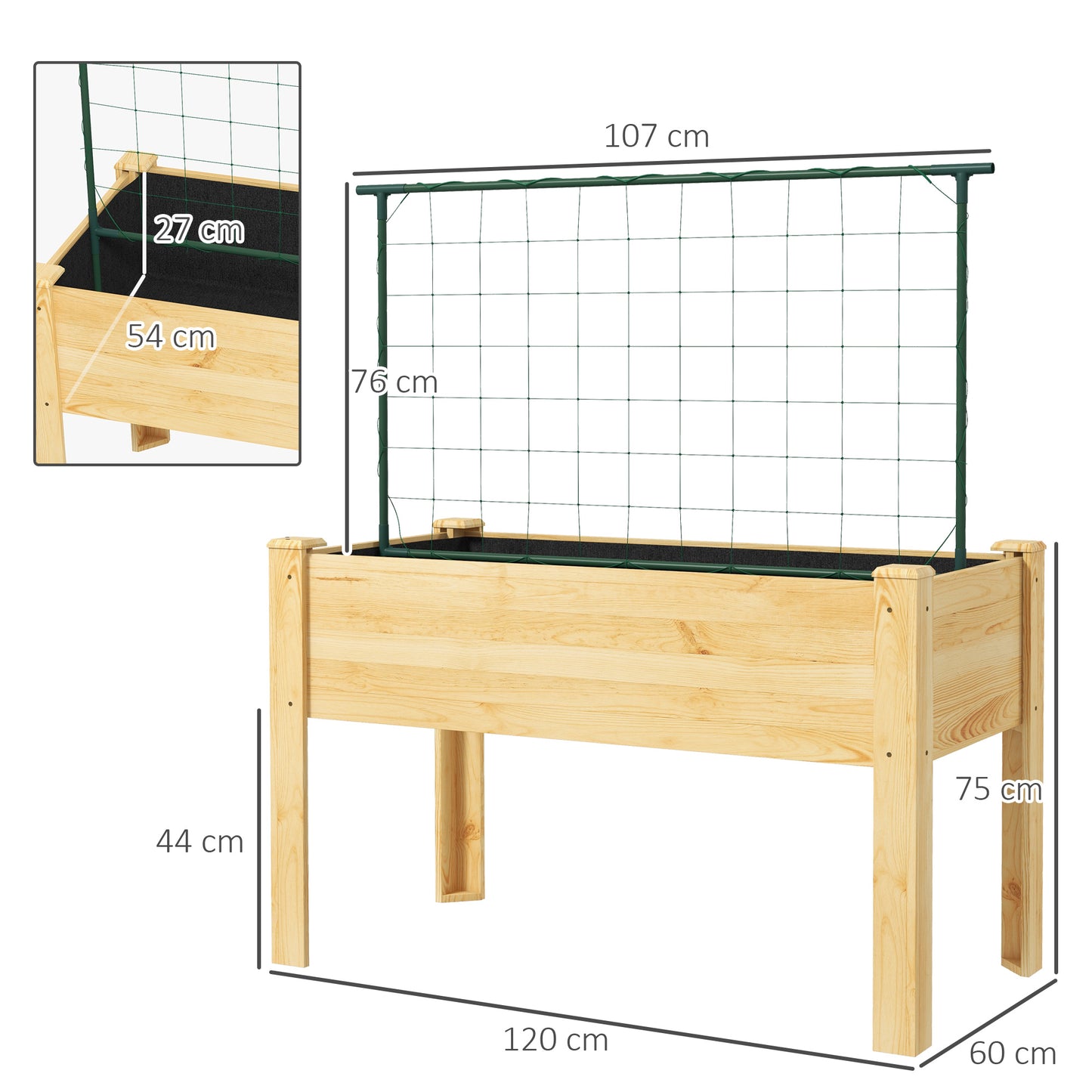 Outsunny Huerto Urbano Elevado con Enrejado Mesa de Cultivo Jardinera Elevada para Trepar Enredaderas de Verduras Plantas Flores Carga 300 kg 120x60x75 cm Natural