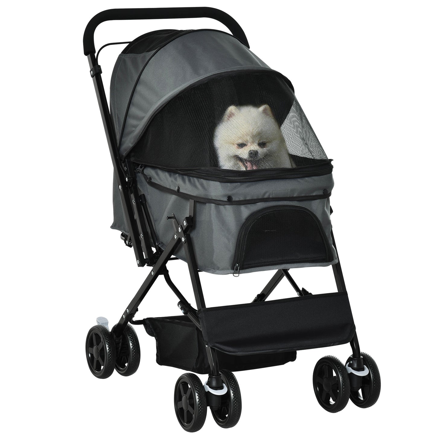 PawHut Carrito para Perros Plegable Cochecito para Perros Pequeños Cochecito para Mascotas con Mango Reversible Ventana de Malla Cesta de Almacenamiento y Cuerda de Seguridad 76,5x52x95 cm Gris