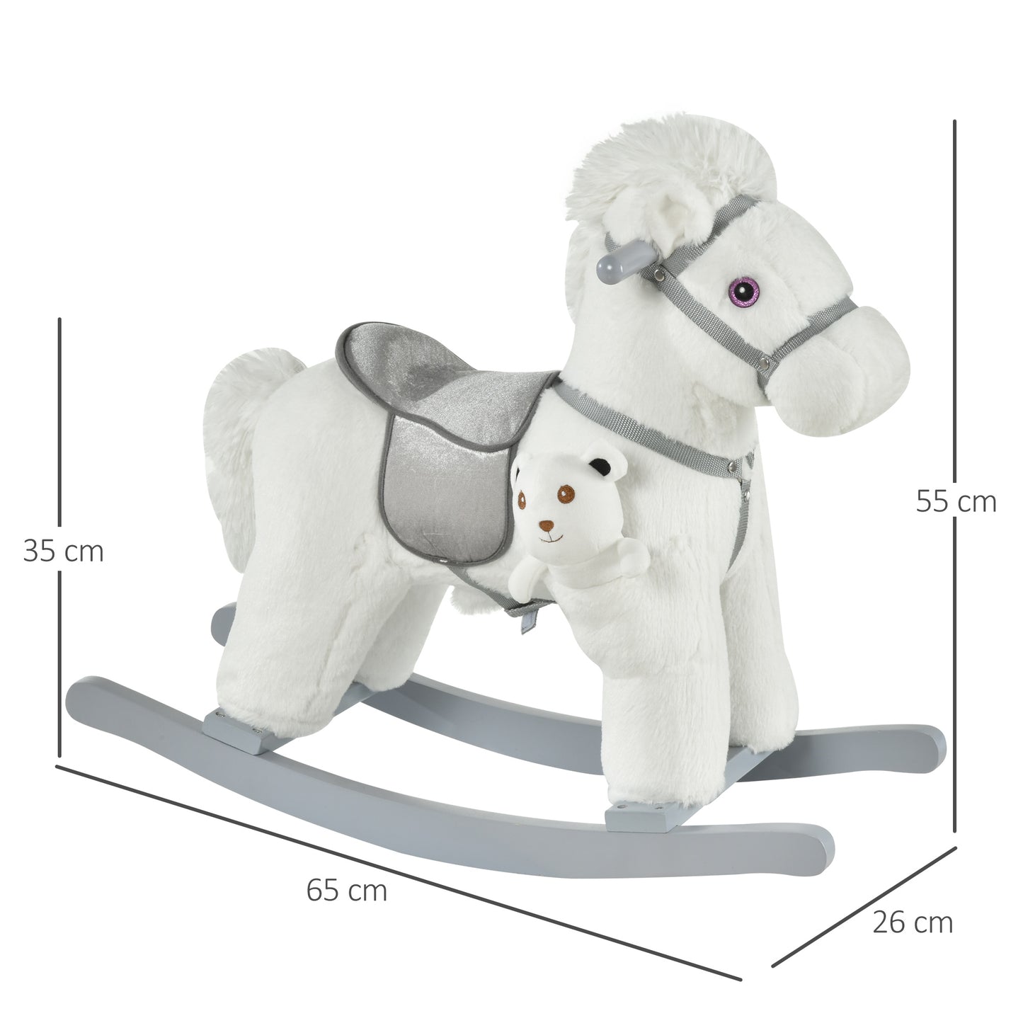 HOMCOM Caballito Balancín con Felpa con Osito de Peluche para Niños 18-36 Meses Caballo Mecedora Sonidos de Relincho y Galope Base de Madera Asiento 35 cm Carga 30 kg 65x26x55 cm Blanco