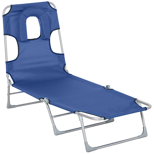 Outsunny Tumbona Reclinable y Plegable de Jardín con Orificio de Lectura Reposacabezas y Respaldo Ajustable en 5 Niveles para Playa 182x56x28 cm Azul