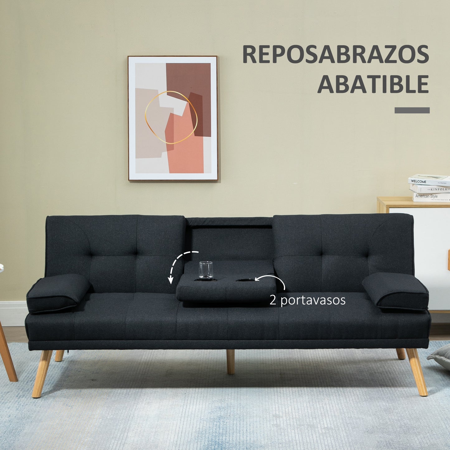 HOMCOM Sofá Cama 3 Plazas Sofá Cama Plegable con Respaldo Ajustable de 3 Niveles Reposabrazos Desmontable y 2 Soportes para Vasos 181x77x78 cm Gris