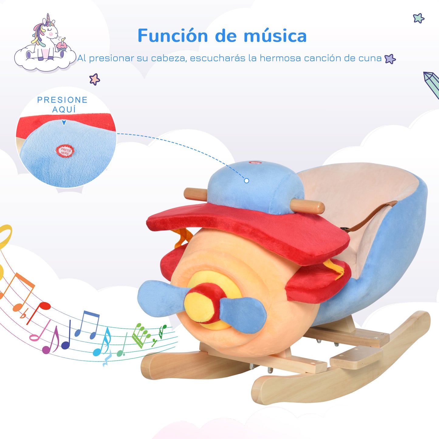 HOMCOM Caballo Balancín para Niños de +18 Meses Avión de Peluche con Música y Cinturón Seguridad Caballito Infantil 60x33x45 cm Multicolor