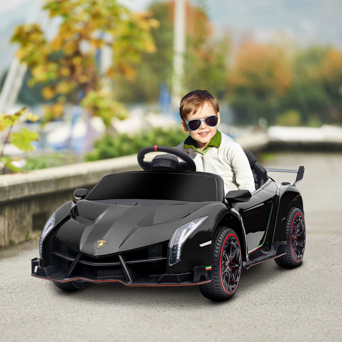 HOMCOM Coche Eléctrico Lamborghini para Niños de 3 a 6 Años Coche de Batería 12V Velocidad Max.7 km/h Puerta de Tijera con Control Remoto MP3 Luces y Cinturón de Seguridad 111x61x45 cm Negro