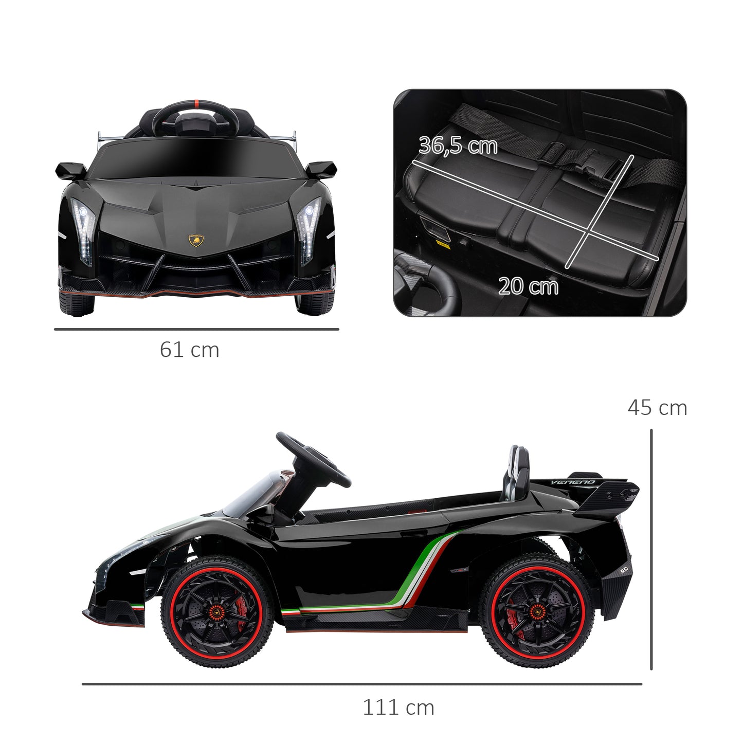 HOMCOM Coche Eléctrico Lamborghini para Niños de 3 a 6 Años Coche de Batería 12V Velocidad Max.7 km/h Puerta de Tijera con Control Remoto MP3 Luces y Cinturón de Seguridad 111x61x45 cm Negro