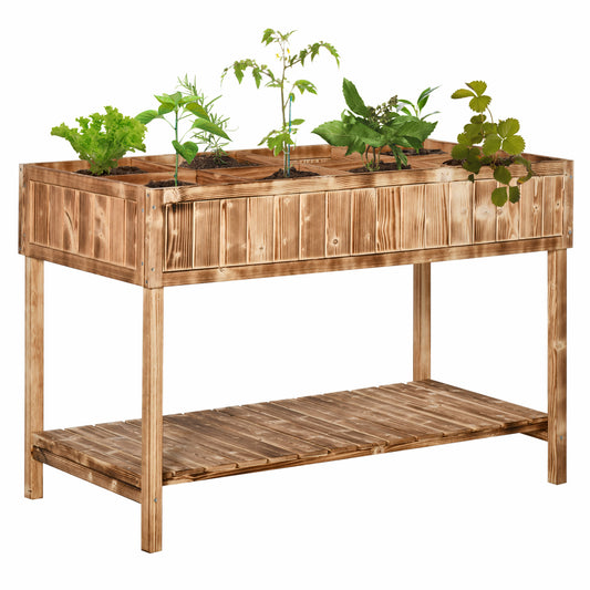 Outsunny Huerto Urbano de Madera 120x60x81 cm Jardinera Elevada para Cultivo de Plantas Flores Mesa de Cultivo con Estante Inferior para Jardín Terraza Exterior Carbanizado