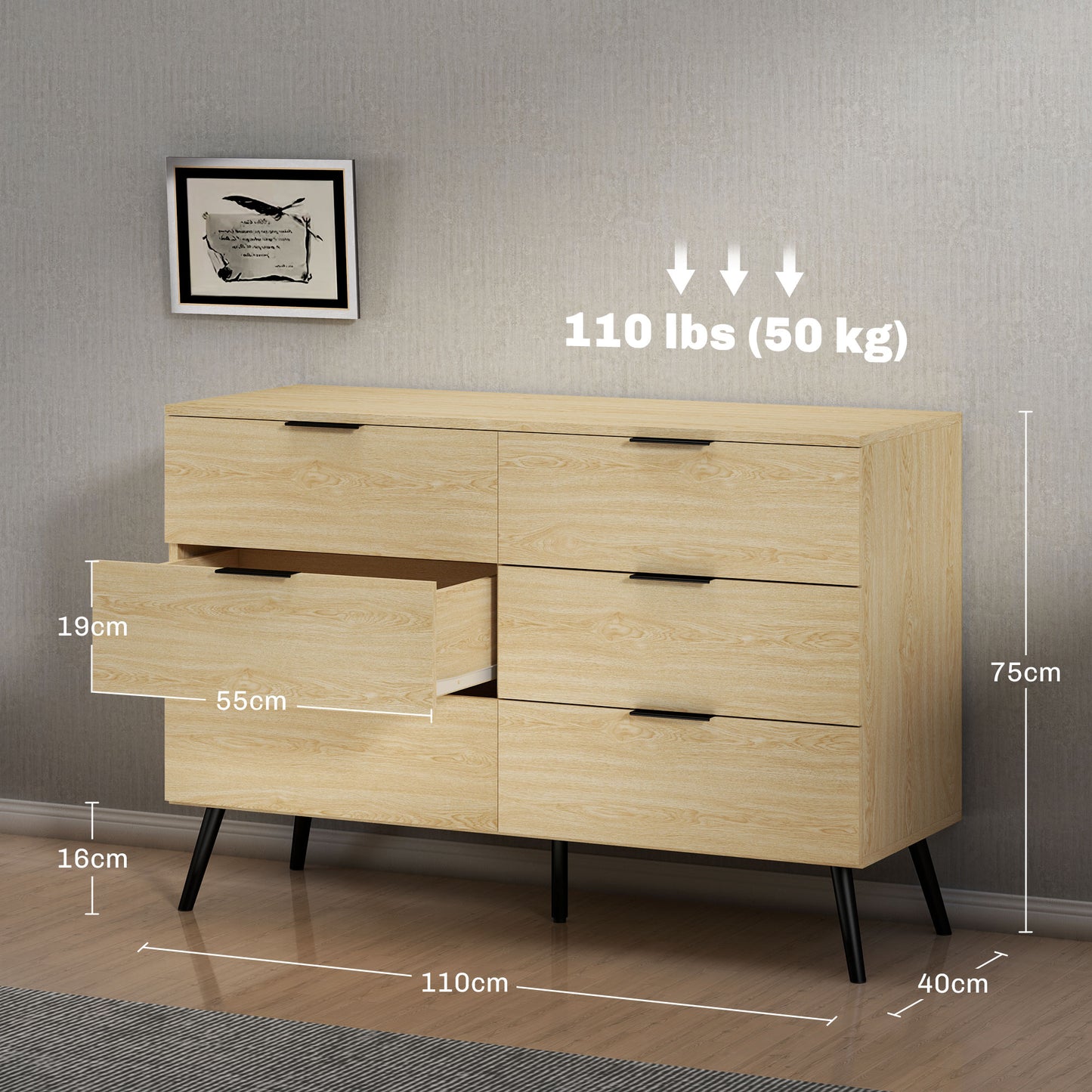 HOMCOM Cómoda con 6 Cajones Cómoda para Dormitorio Moderno con Diseño Anti-vuelco Cajonera para Salón Pasillo 110x40x75 cm Roble