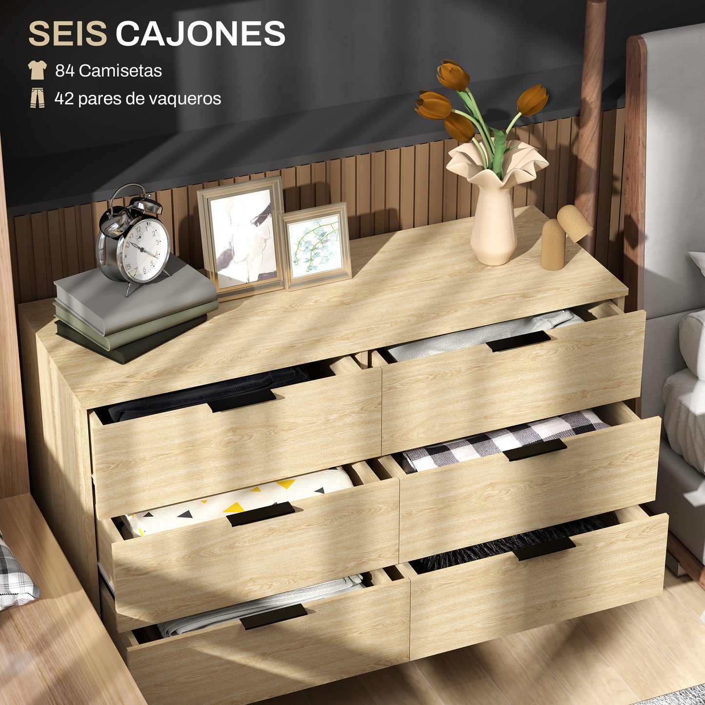 HOMCOM Cómoda con 6 Cajones Cómoda para Dormitorio Moderno con Diseño Anti-vuelco Cajonera para Salón Pasillo 110x40x75 cm Roble