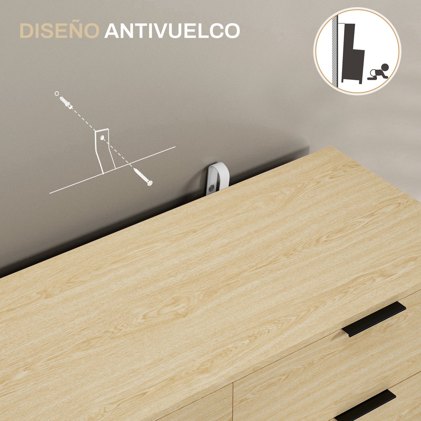 HOMCOM Cómoda con 6 Cajones Cómoda para Dormitorio Moderno con Diseño Anti-vuelco Cajonera para Salón Pasillo 110x40x75 cm Roble