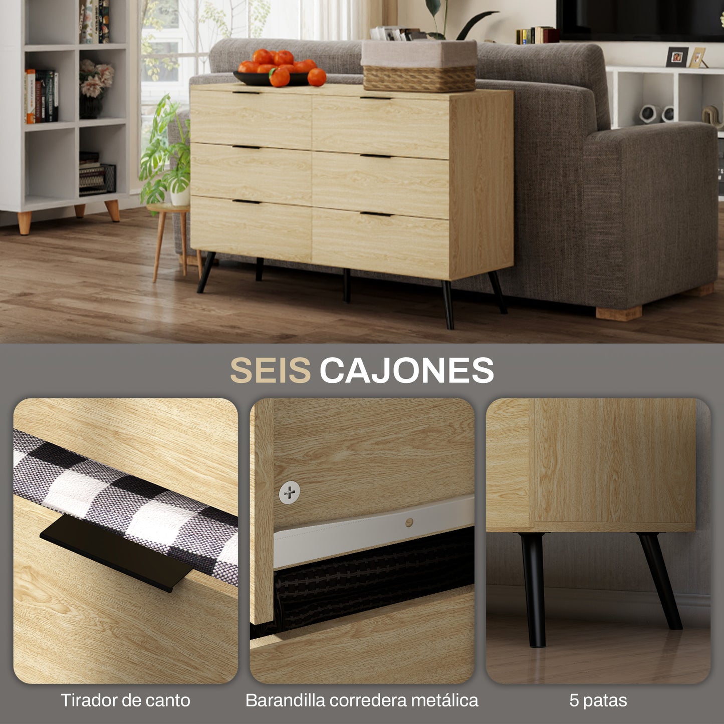 HOMCOM Cómoda con 6 Cajones Cómoda para Dormitorio Moderno con Diseño Anti-vuelco Cajonera para Salón Pasillo 110x40x75 cm Roble