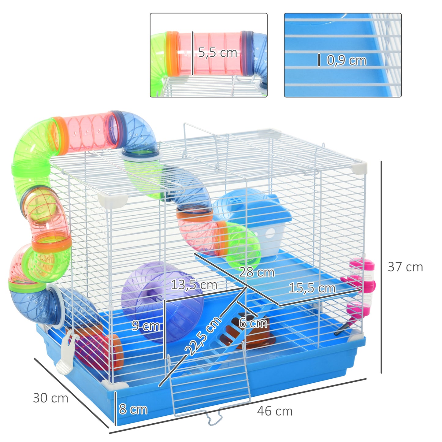 PawHut Jaula para Hámster 46x30x37 cm Casa para Hámster con Tubos Comedero Bebedero Rampa Rueda de Ejercicio y Asa Portátil para Interior y Exterior Azul y Blanco