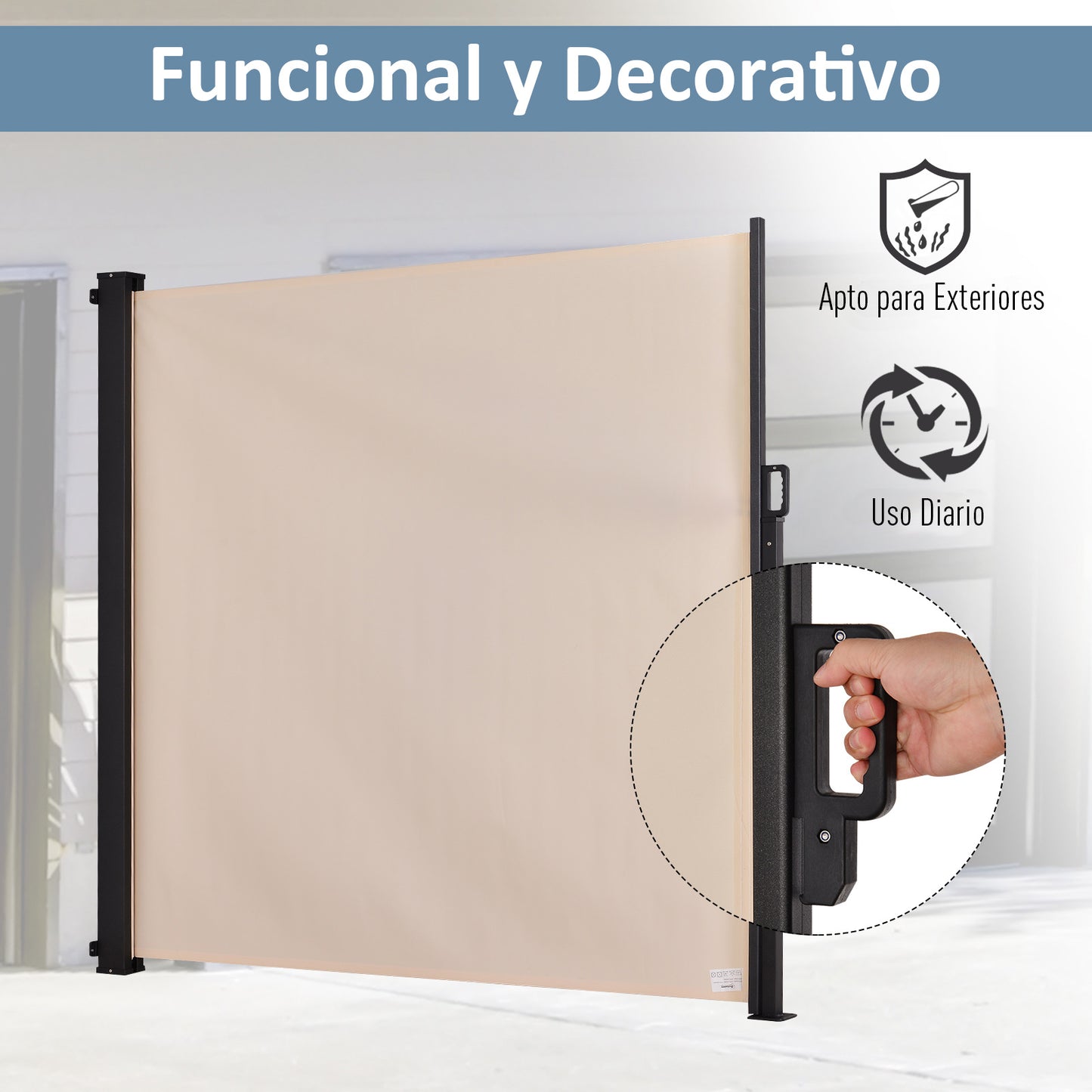 Outsunny Toldo Lateral Retráctil Exterior 350x180cm Pantalla de Privacidad contra Sol Viento Visión para Jardín Patio Balcón Tejado Hecho de Aluminio Poliéster Montar Utilizar Fácil Beige