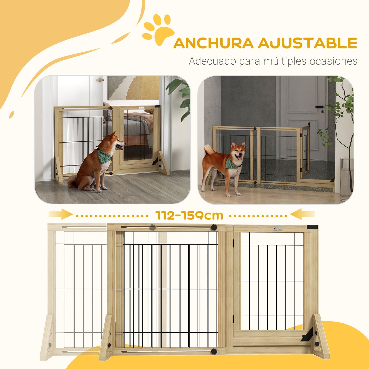 PawHut Barrera para Perros de Madera Valla para Mascotas Extensible de 2 Paneles con Patas de Apoyo Triangulares para Puerta Pasillo Escalera 112-159x44x70 cm Natural