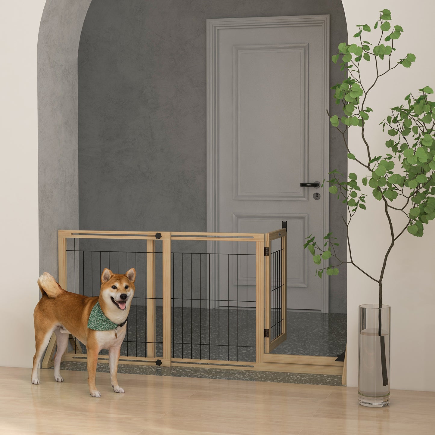 PawHut Barrera para Perros de Madera Valla para Mascotas Extensible de 2 Paneles con Patas de Apoyo Triangulares para Puerta Pasillo Escalera 112-159x44x70 cm Natural