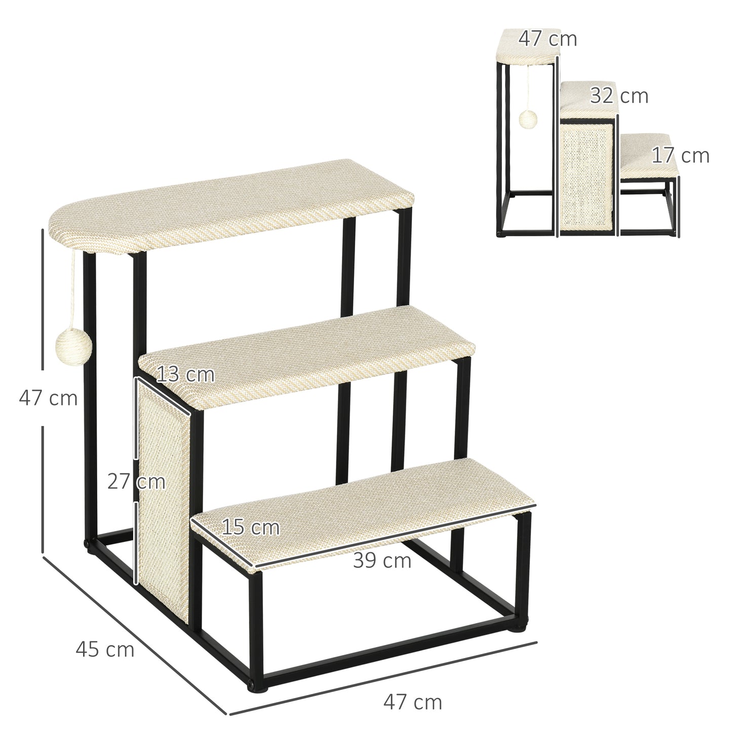 PawHut Escalera para Perros de 3 Niveles Escalera para Mascotas con 3 Escalones Bola Colgante Tablero de Rascar y Marco de Acero 47x45x47 cm Crema y Negro