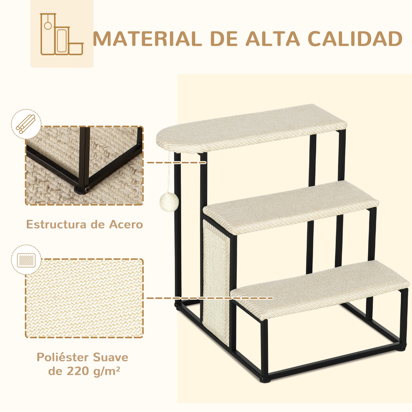 PawHut Escalera para Perros de 3 Niveles Escalera para Mascotas con 3 Escalones Bola Colgante Tablero de Rascar y Marco de Acero 47x45x47 cm Crema y Negro