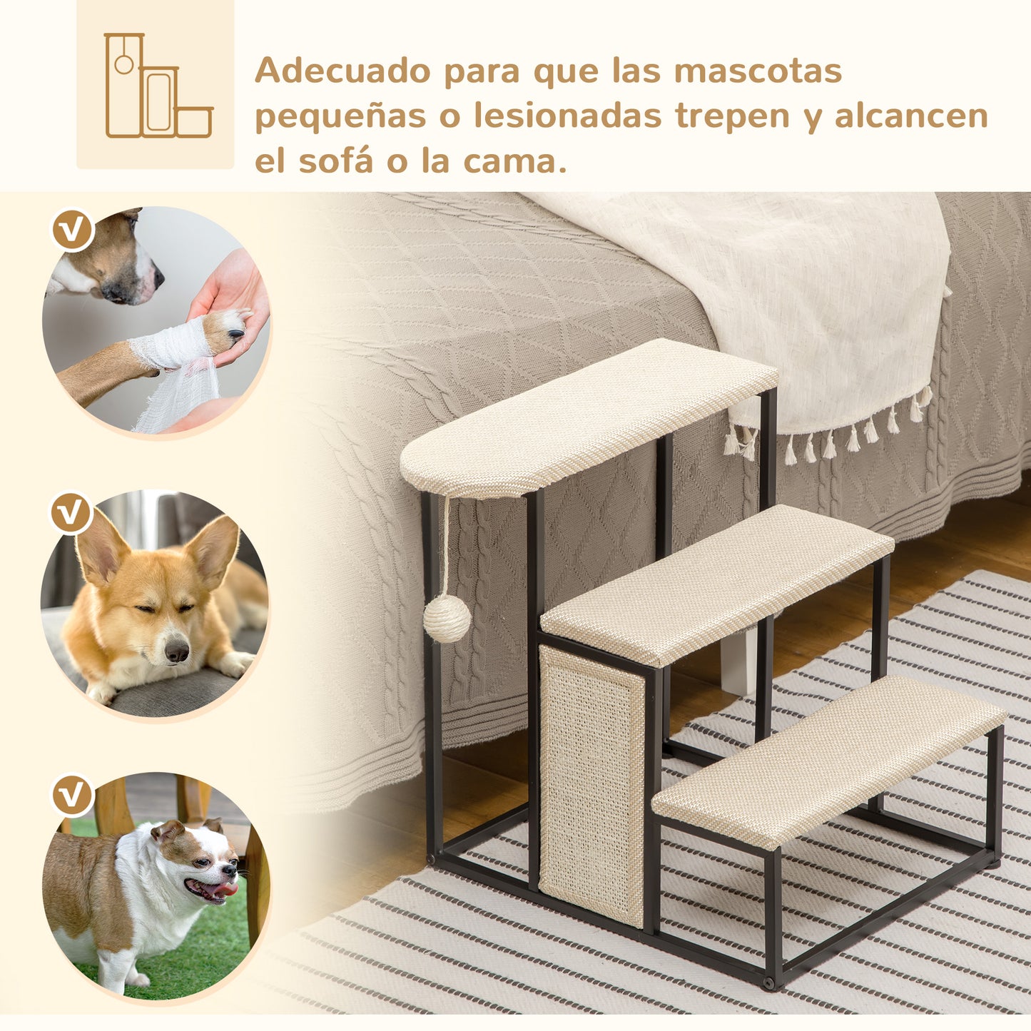 PawHut Escalera para Perros de 3 Niveles Escalera para Mascotas con 3 Escalones Bola Colgante Tablero de Rascar y Marco de Acero 47x45x47 cm Crema y Negro