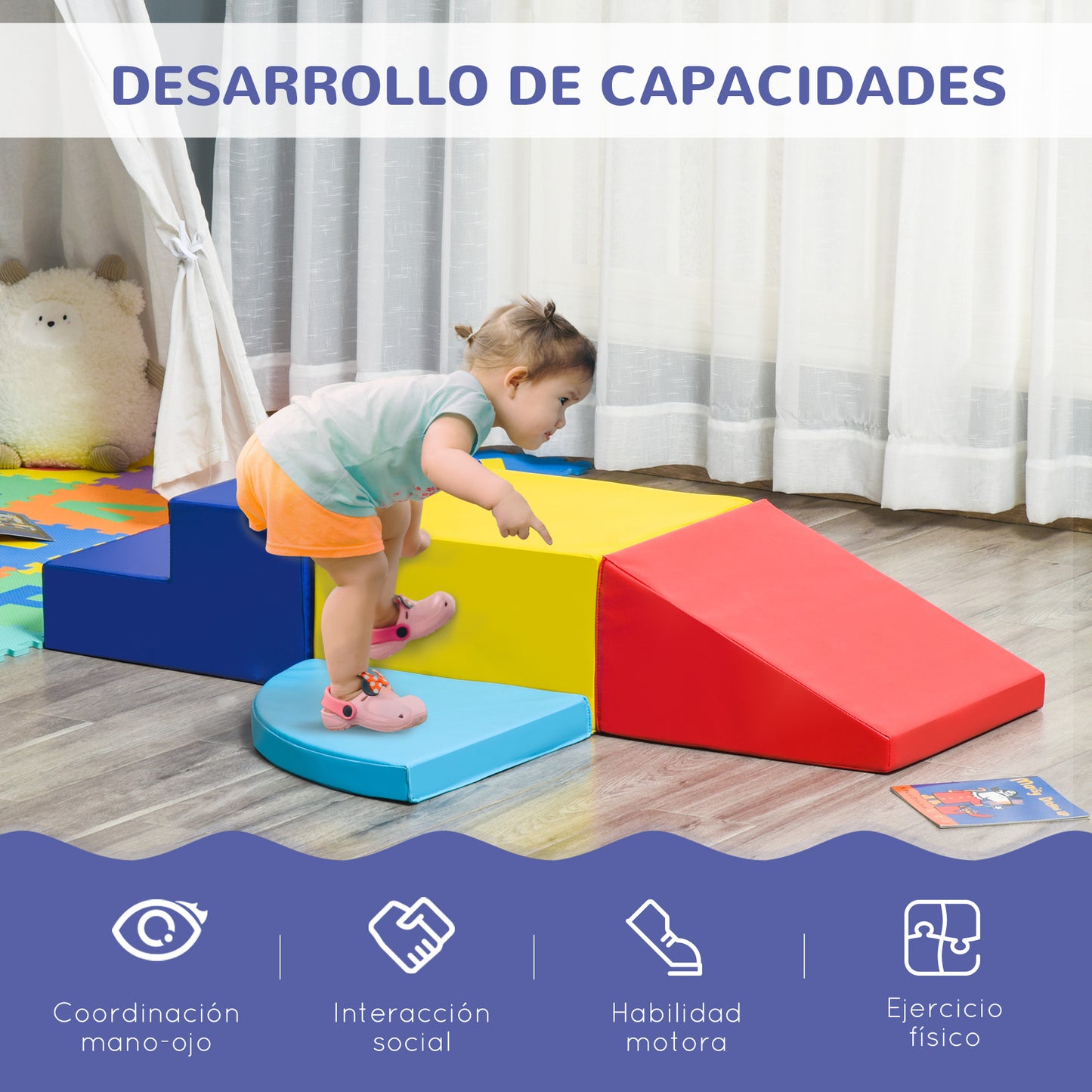 HOMCOM Juego de 4 Bloques Psicomotricidad para Niños Bloques de Construcción Figuras de Construcción Juguete para Aprendizaje para Escalar y Gatear Multicolor