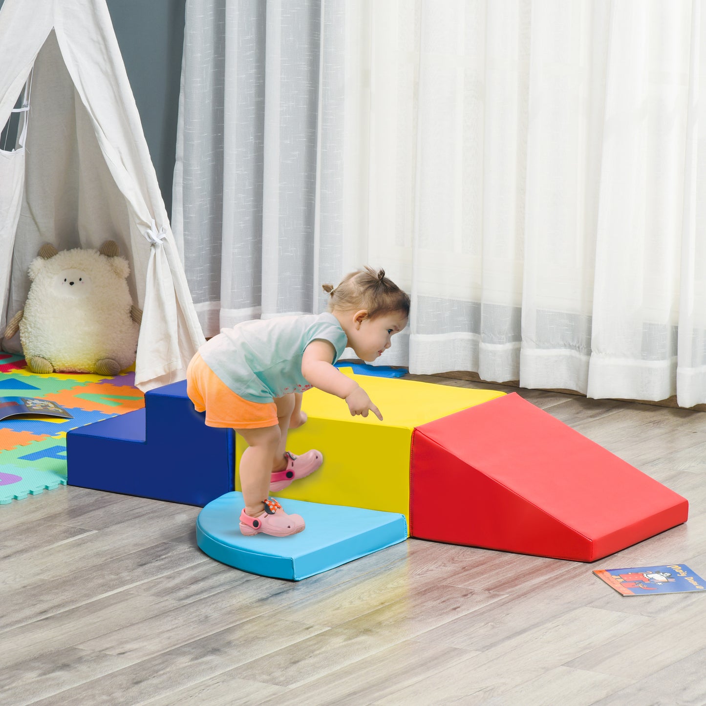 HOMCOM Juego de 4 Bloques Psicomotricidad para Niños Bloques de Construcción Figuras de Construcción Juguete para Aprendizaje para Escalar y Gatear Multicolor