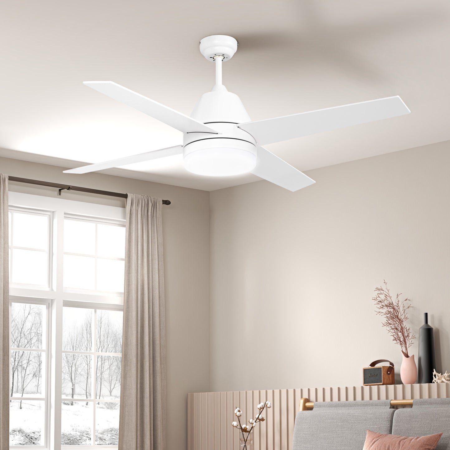 HOMCOM Ventilador de Techo con Luz 46W Ø129 cm Motor DC Ventilador de Techo Silencioso con 4 Aspas Reversibles Mando a Distancia 6 Velocidades y Temporizador para Dormitorio Salón Blanco