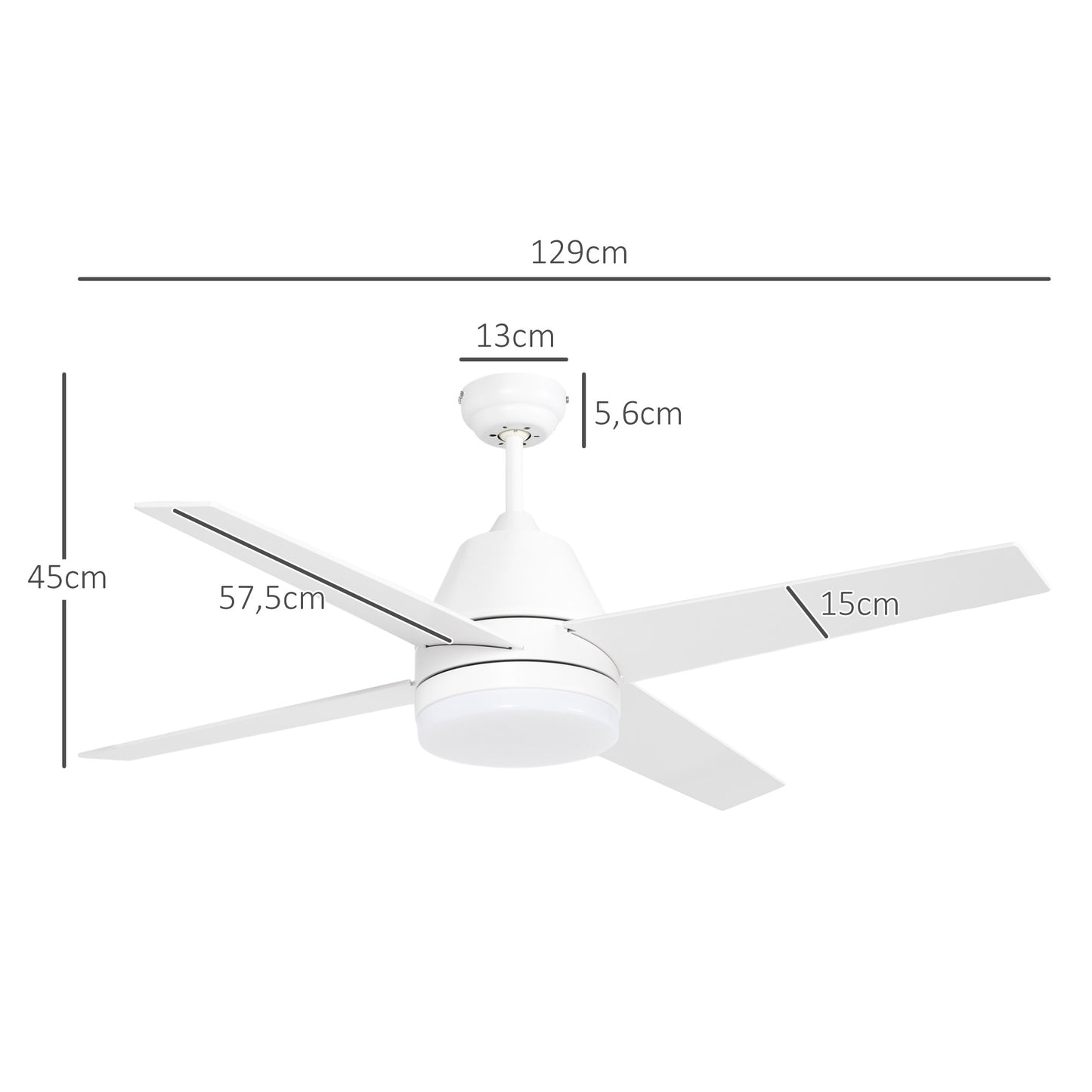 HOMCOM Ventilador de Techo con Luz 46W Ø129 cm Motor DC Ventilador de Techo Silencioso con 4 Aspas Reversibles Mando a Distancia 6 Velocidades y Temporizador para Dormitorio Salón Blanco