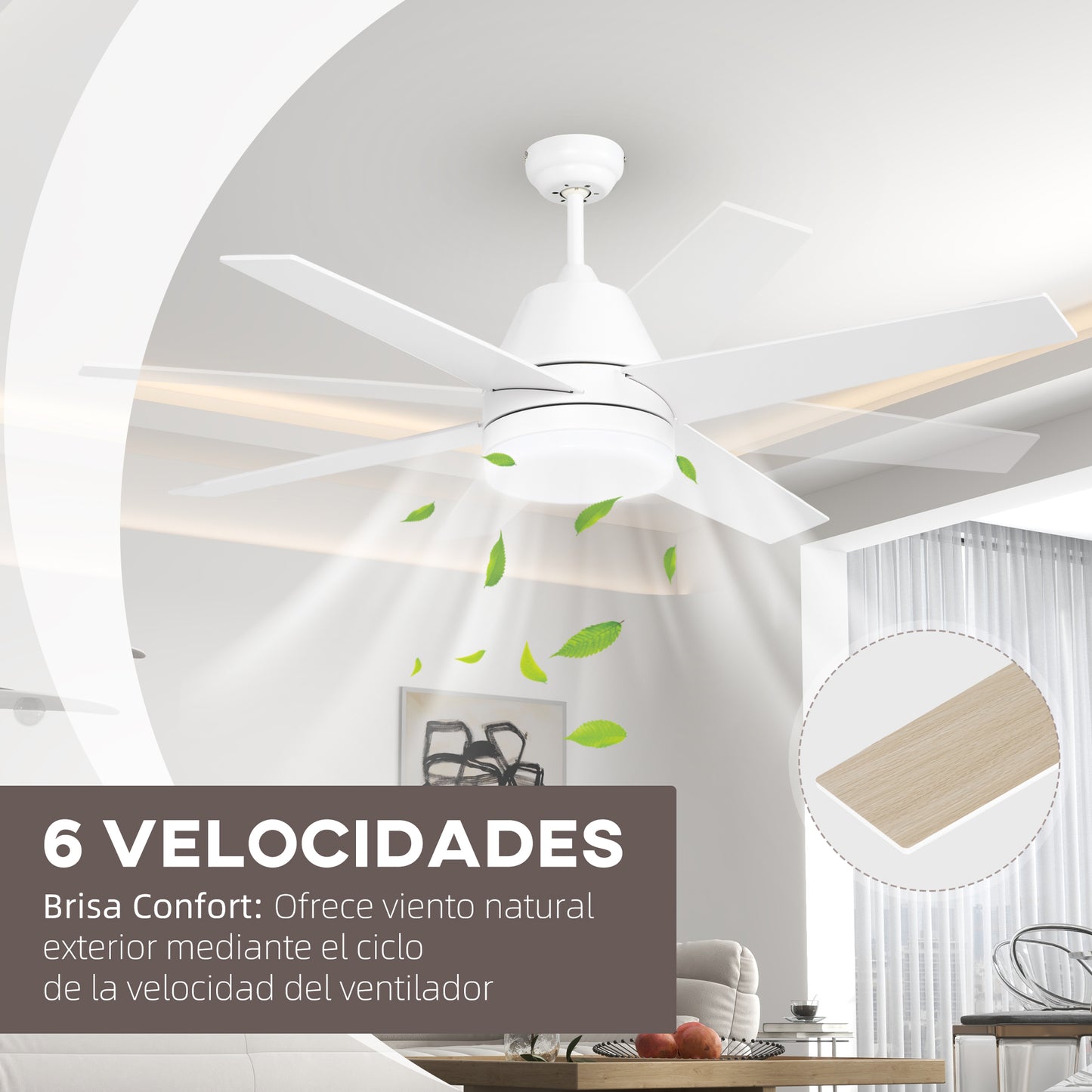 HOMCOM Ventilador de Techo con Luz 46W Ø129 cm Motor DC Ventilador de Techo Silencioso con 4 Aspas Reversibles Mando a Distancia 6 Velocidades y Temporizador para Dormitorio Salón Blanco