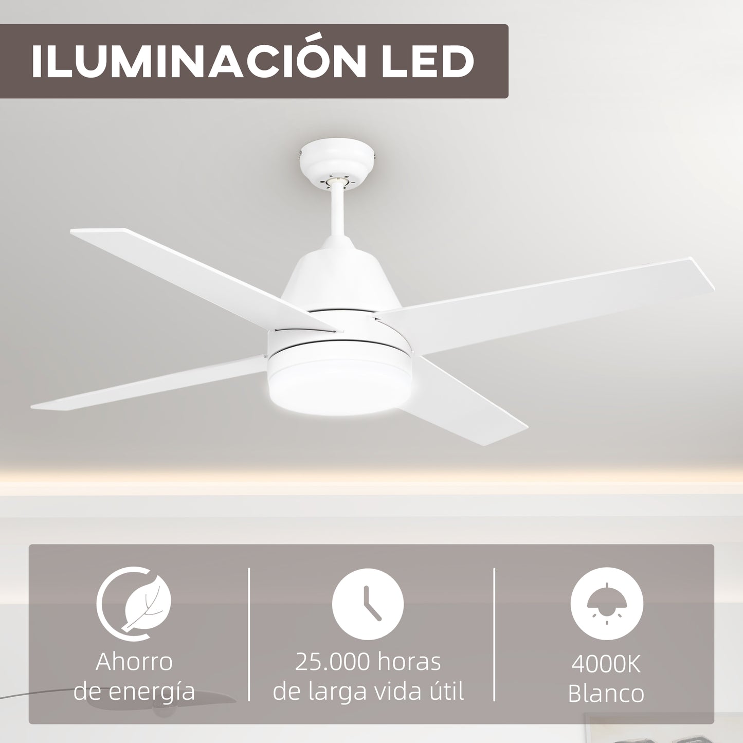 HOMCOM Ventilador de Techo con Luz 46W Ø129 cm Motor DC Ventilador de Techo Silencioso con 4 Aspas Reversibles Mando a Distancia 6 Velocidades y Temporizador para Dormitorio Salón Blanco