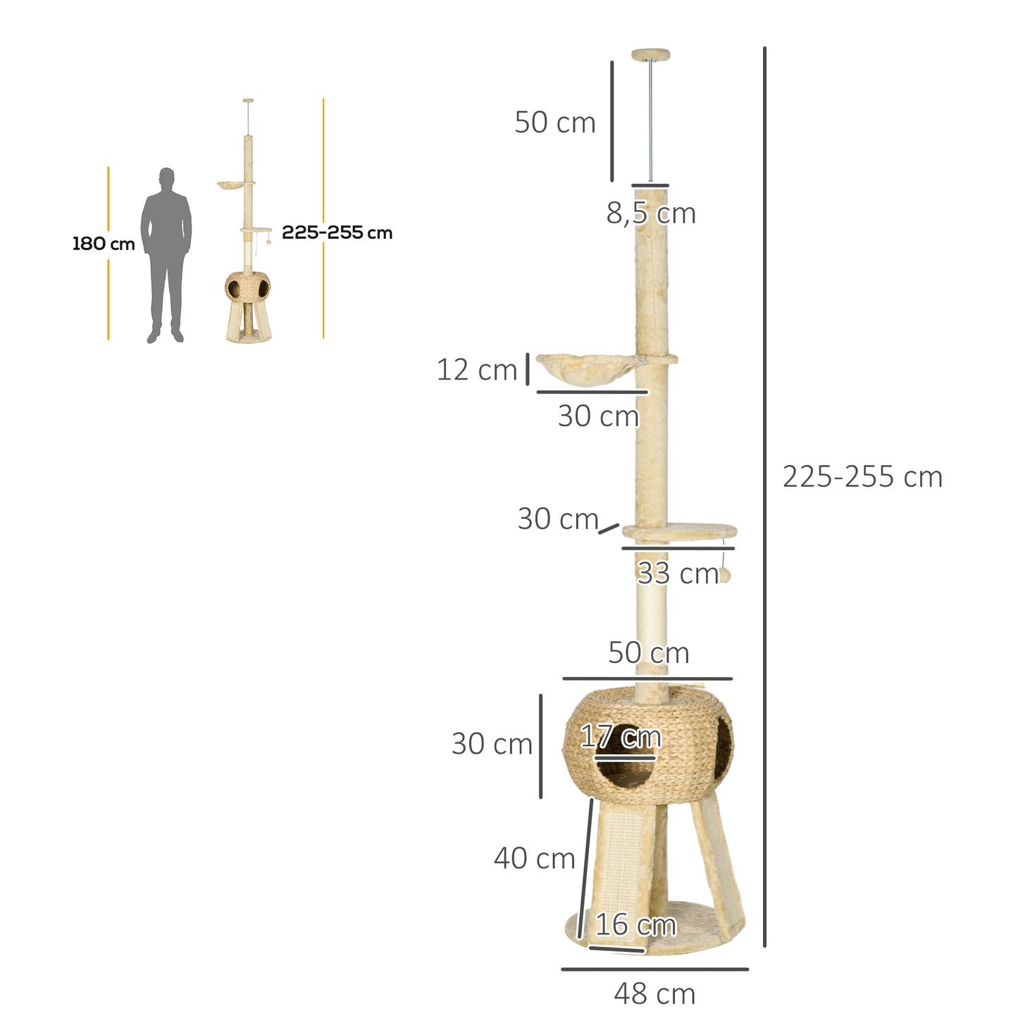 PawHut Árbol para Gatos de Suelo a Techo de 225-255 cm Torre para Gatos Altura Ajustable con Cueva Plataformas Hamaca Postes Rascadores Rampas y Bolas Colgantes Ø48x225-255 cm Beige